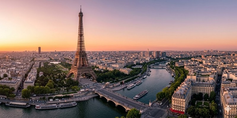 Bức ảnh toàn cảnh Tháp Eiffel sừng sững bên dòng sông Seine thơ mộng