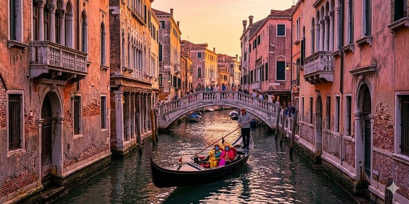 Toàn cảnh góc thấp ghi lại một chiếc Gondola gỗ đen truyền thống